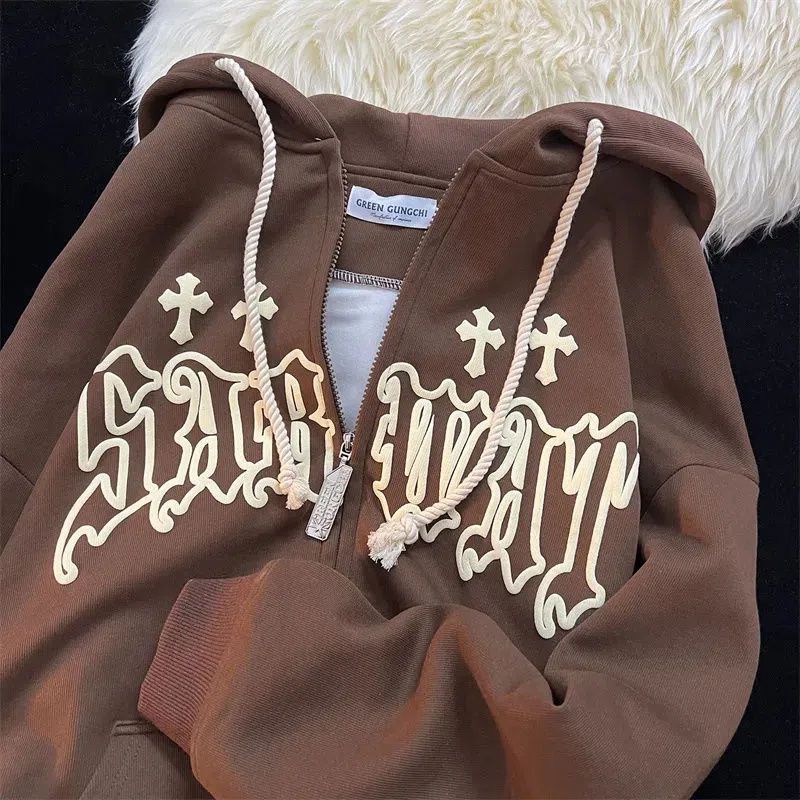 Oversized Retro Streetwear Zip Up Hoodie Letter Printing Sweatshirt Vintage Hoodies Women Grunge Tops Punk Hooded Y2k Clothes