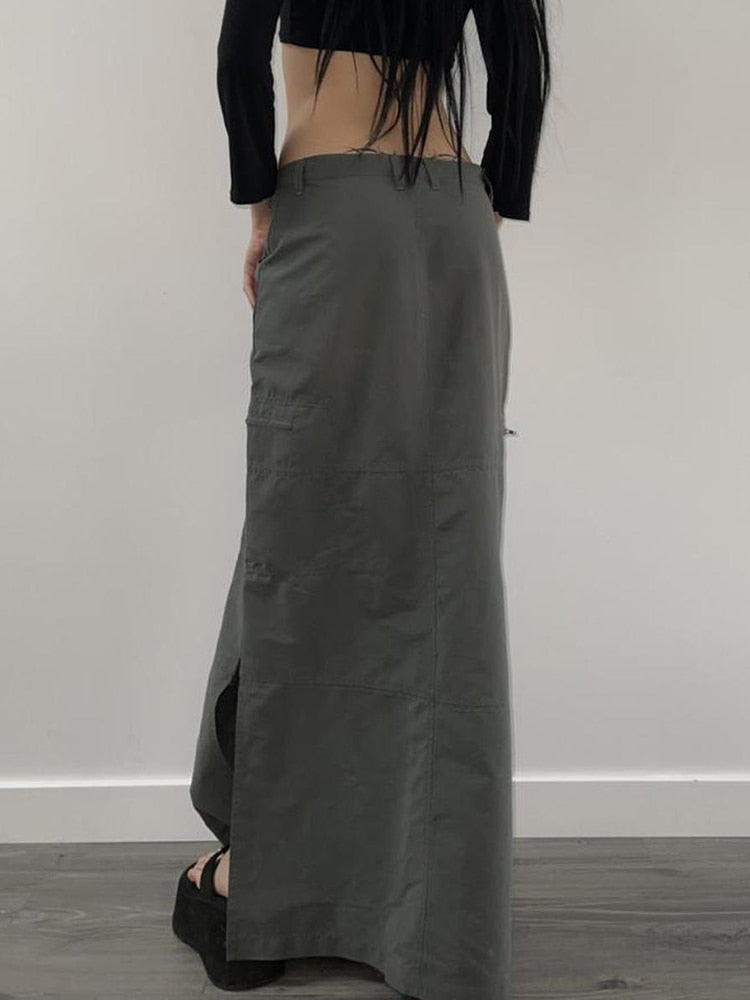 Rockmore Harajuku Slit Cargo Long Skirts Y2K Low Waist Maxi Skirt Women'S Ankle-Length Skirt 2000s Retro Fairycore Grunge Outfit