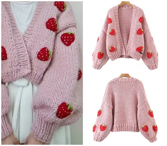 SHRUMI Knitted Flower Heart Mushroom Fruit Pattern Soft Sweater