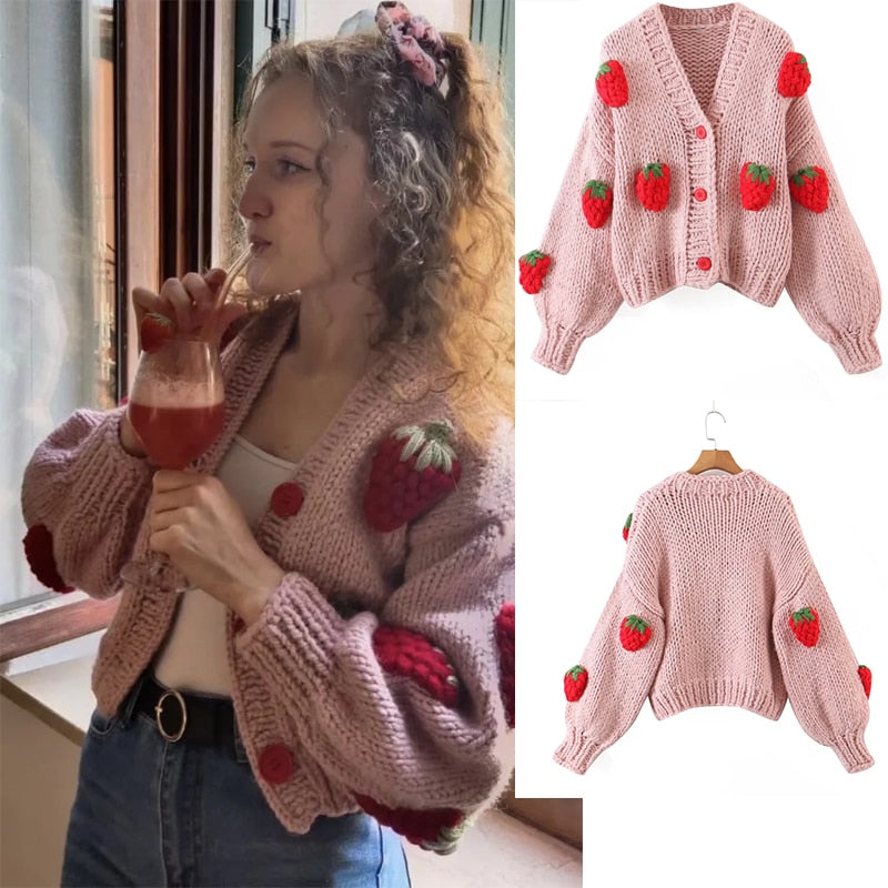 SHRUMI Knitted Flower Heart Mushroom Fruit Pattern Soft Sweater