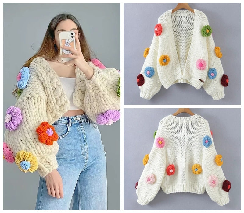 SHRUMI Knitted Flower Heart Mushroom Fruit Pattern Soft Sweater