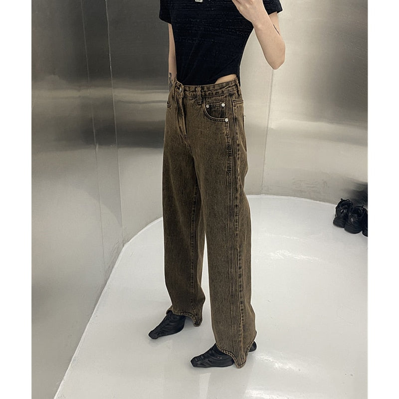 Brown Summer Womans Jeans High Waist Denim Trouser Baggy Streetwear Arc Design Ladies Vintage Wide Leg Straight Loose Jean Pants