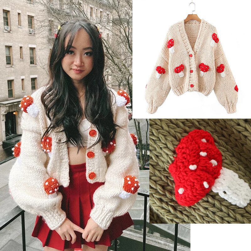 SHRUMI Knitted Flower Heart Mushroom Fruit Pattern Soft Sweater