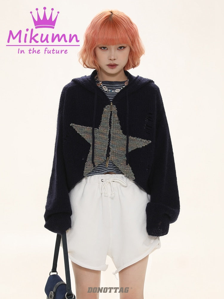 JUPITERBAE Knitted Star Zip Up Hoodie Crop